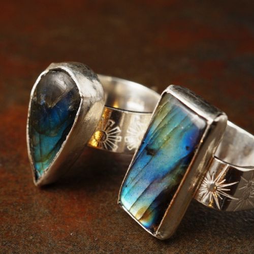 Handcrafted contemporary recycled sterling silver labradorite rings